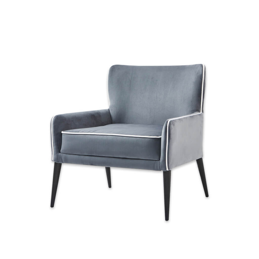 Samara Upholstered Blue Lounge Chair with Show Wood Legs and Piping Detail - Designers Image