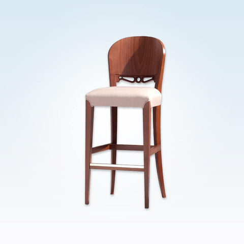 Squero cream wooden bar stool with ornate detail to the backrest and wooden frame with metal trimmed kick plate