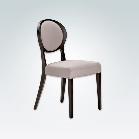 Suli Cream and Wood Dining Chair Open Back Round Upholstered Back Panel with surrounding Show Wood and Back Splayed Legs 