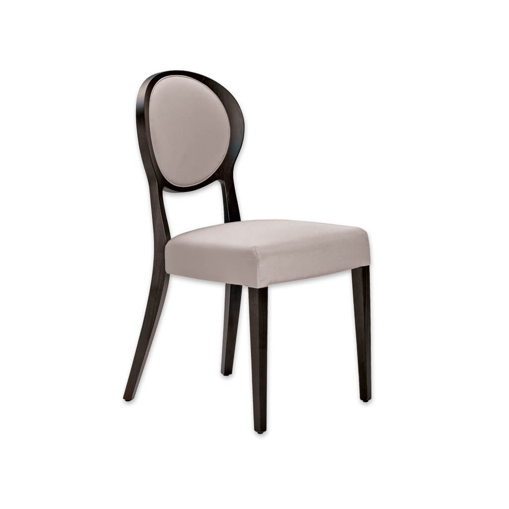 Suli Cream and Wood Dining Chair Open Back Round Upholstered Back Panel with surrounding Show Wood and Back Splayed Legs  - Designers Image