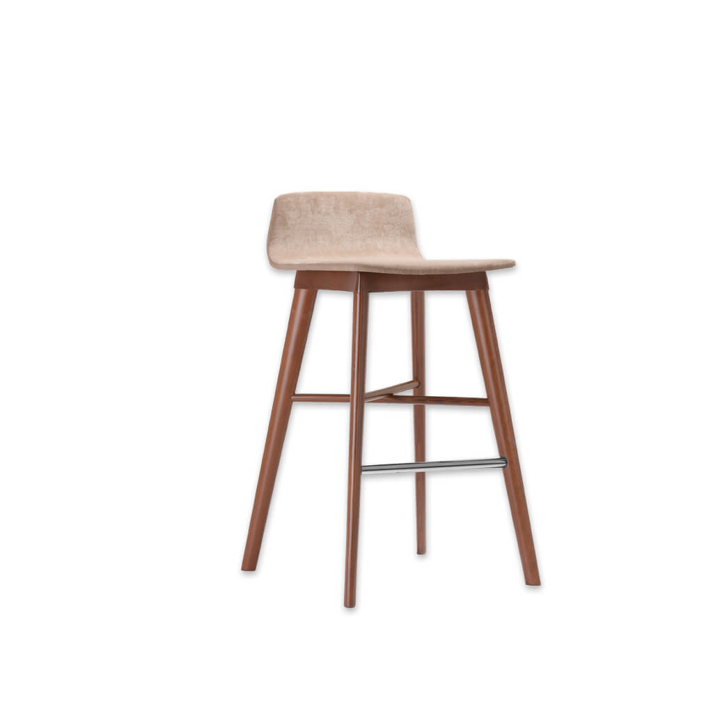 Tecla beige bar stool with conical timber legs with cross feature and metal kick plate - Designers Image