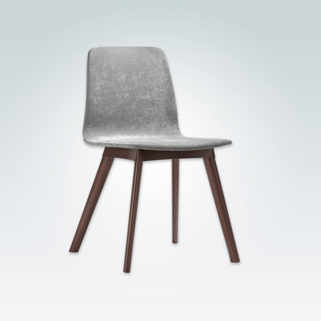 Tecla Fully Upholestered Grey Velvet Dining Chair with Show Wood Plinth and Legs
