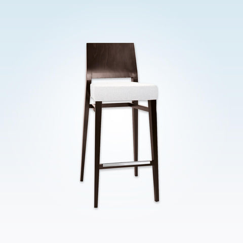 Timberly dark brown wooden bar stool with white deep padded seat cushion and wooden backrest