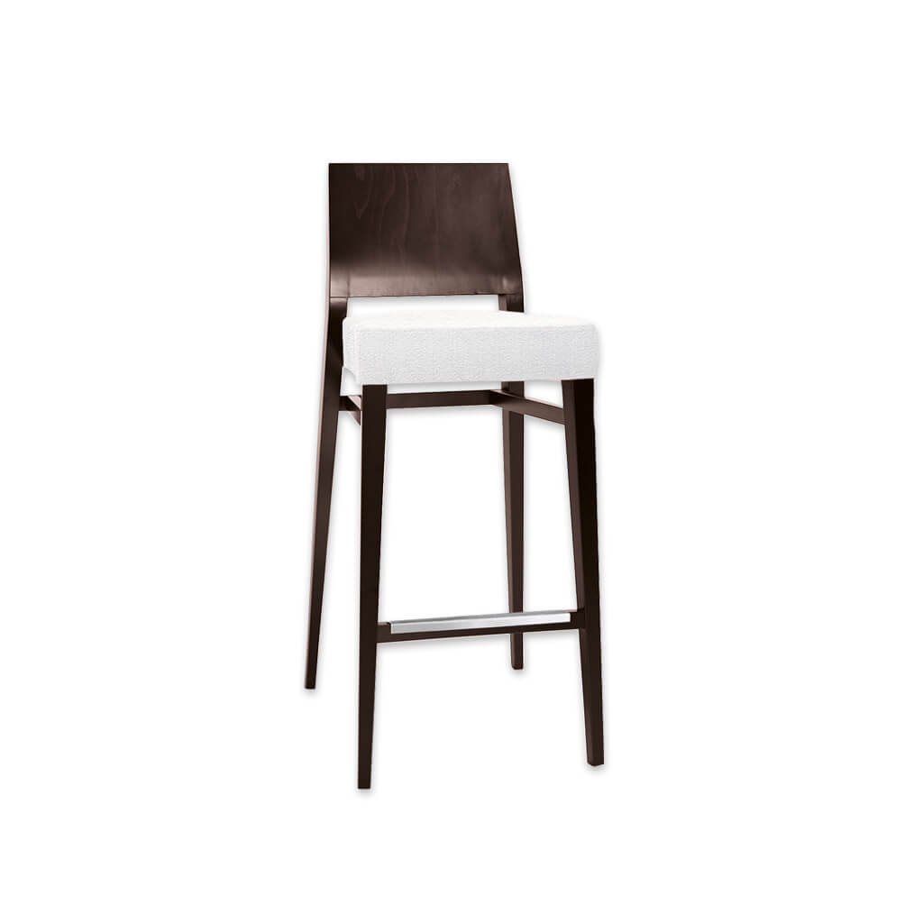 Timberly dark brown wooden bar stool with white deep padded seat cushion and wooden backrest - Designers Image
