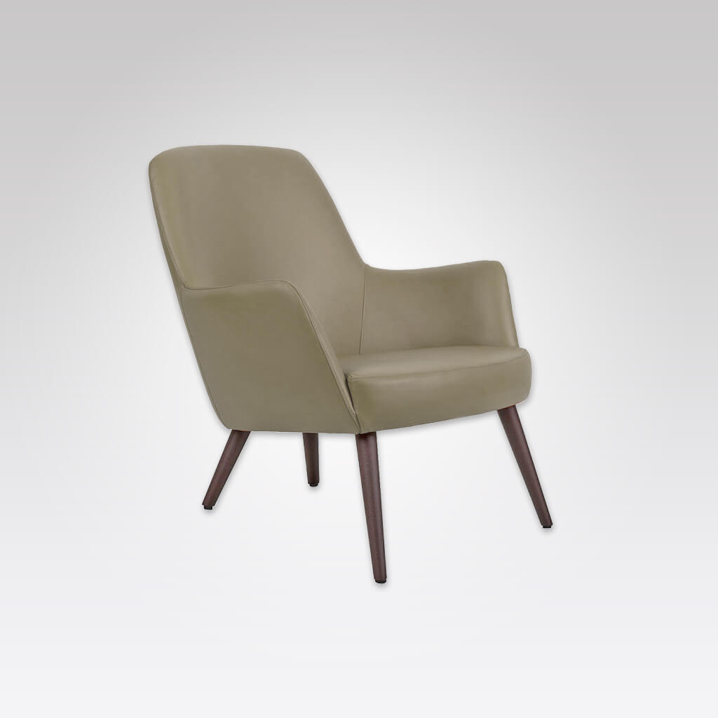 Tito Upholstered Olive Green Lounge Chair with Low Seat Height Sloping Backrest and Timber Conical Legs
