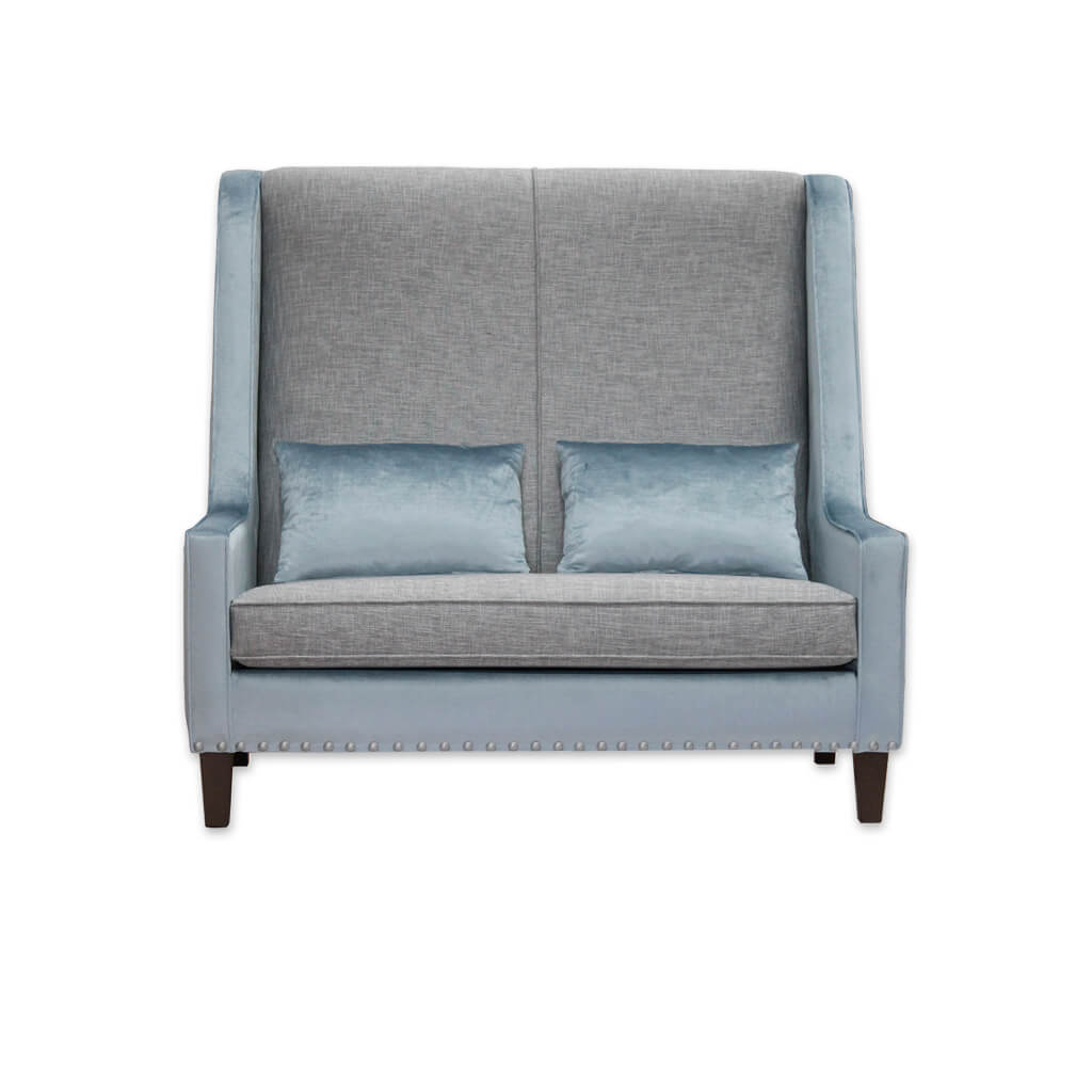 Tono grey and blue studded sofa with contrast upholstery, high back and loose cushions  - Designers Image
