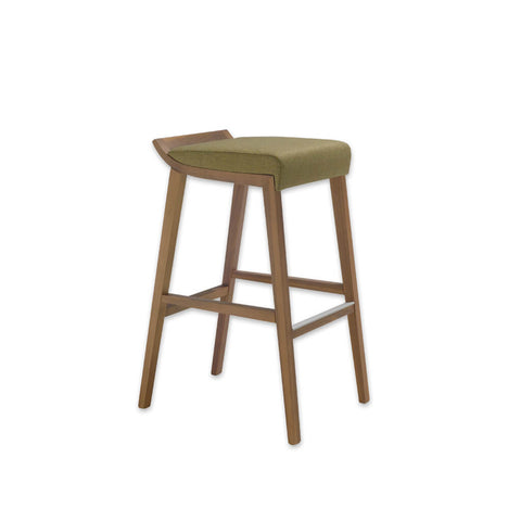 Tula light green bar stool with padded seat cushion and wooden frame with metal trimmed kick plate