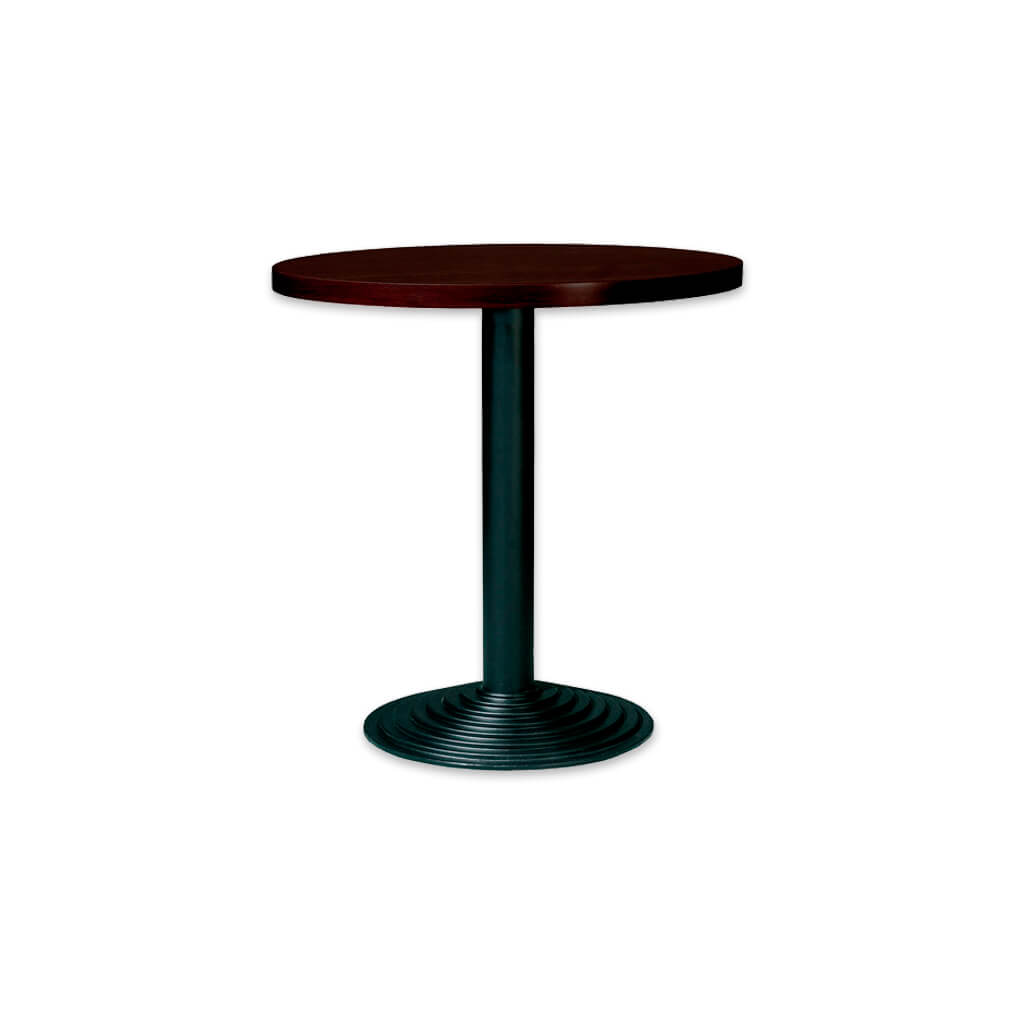 Velino circular dark wood dining table with ridge detail metal base plate and pedestal - Designers Image
