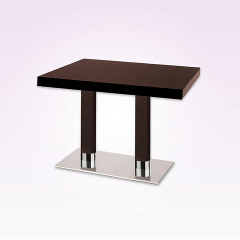 Venice double pedestal dark brown rectangular dining table with rectangular metal base plate and wooden column