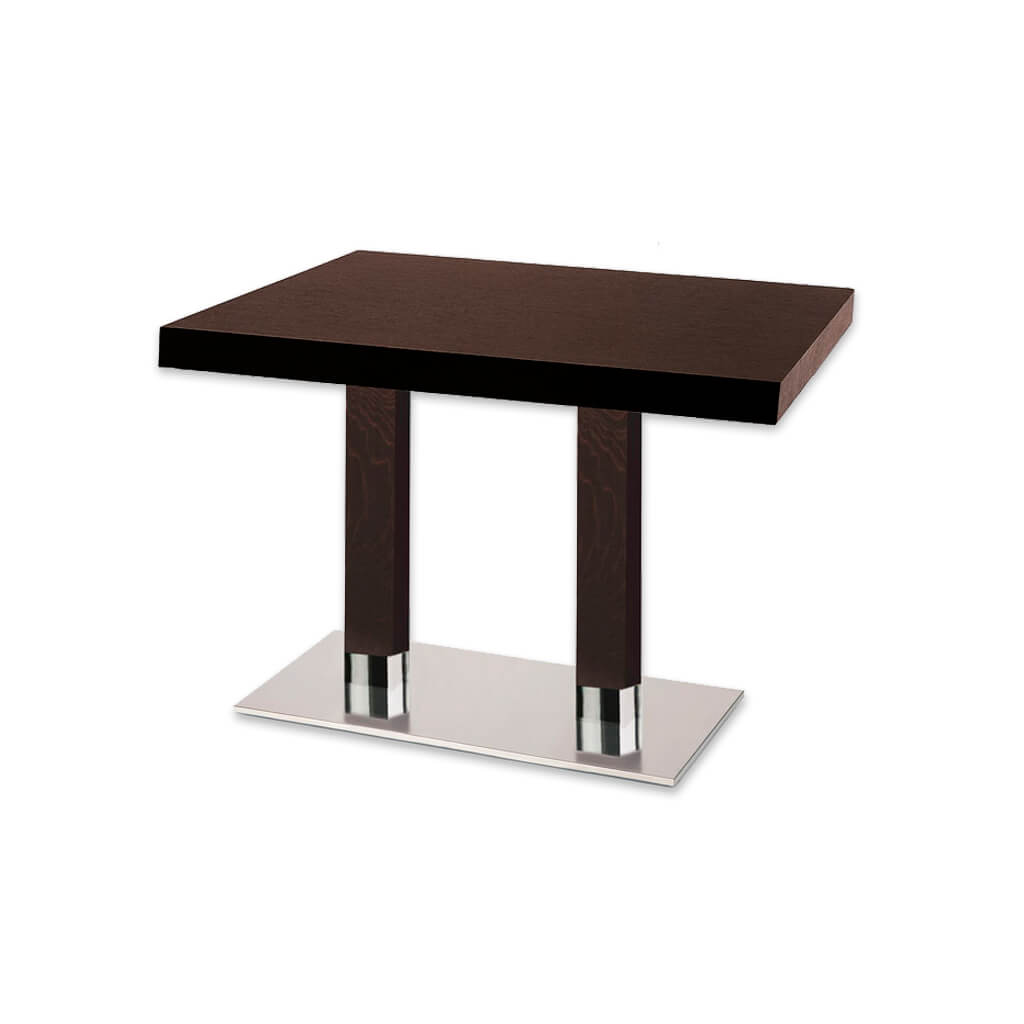 Venice double pedestal dark brown rectangular dining table with rectangular metal base plate and wooden column - Designers Image