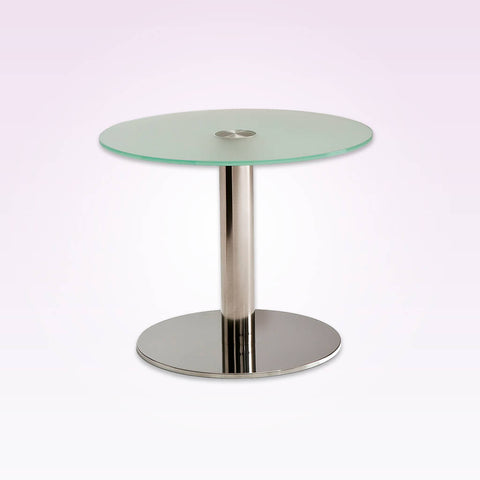 Venice unique round glass dining table with polished metal round base plate and pedestal