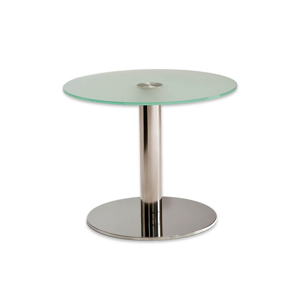 Venice unique round glass dining table with polished metal round base plate and pedestal - Designers Image