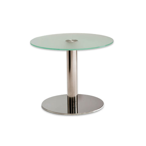 Venice unique round glass dining table with polished metal round base plate and pedestal