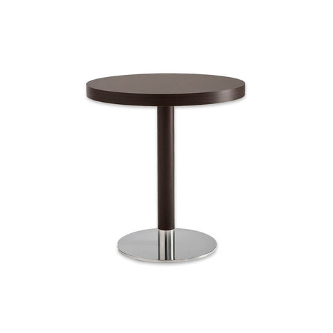 Venice timber wood dining table with round metal base plate and wooden pedestal column