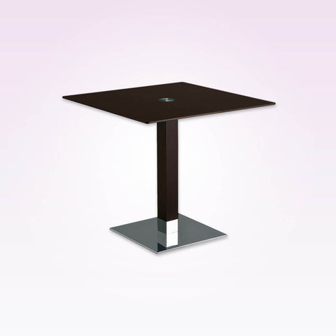 Venice dark brown square dining table with square metal base plate and wooden pedestal