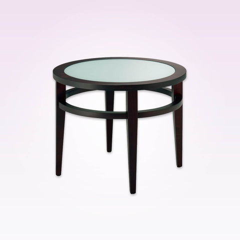 round wooden hotel coffee table with glass top for hospitality