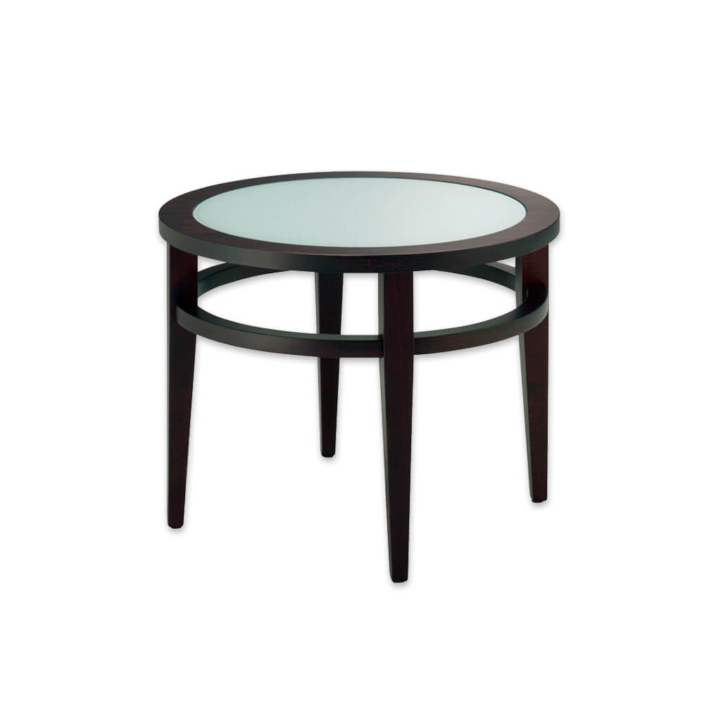 round wooden hotel coffee table with glass top for hospitality  - Designers Image