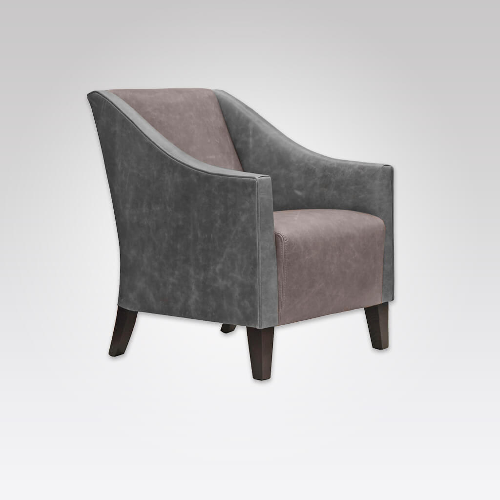 Verdi Deep Cushioned Grey Lounge Chair with Sweeping Arms and Purple Seat