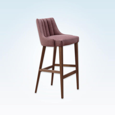 Viola pink bar stool with upholstered seat featuring decorative deep stitching and a timber frame